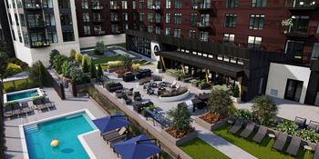 a rendering of a hotel with a pool and patio area